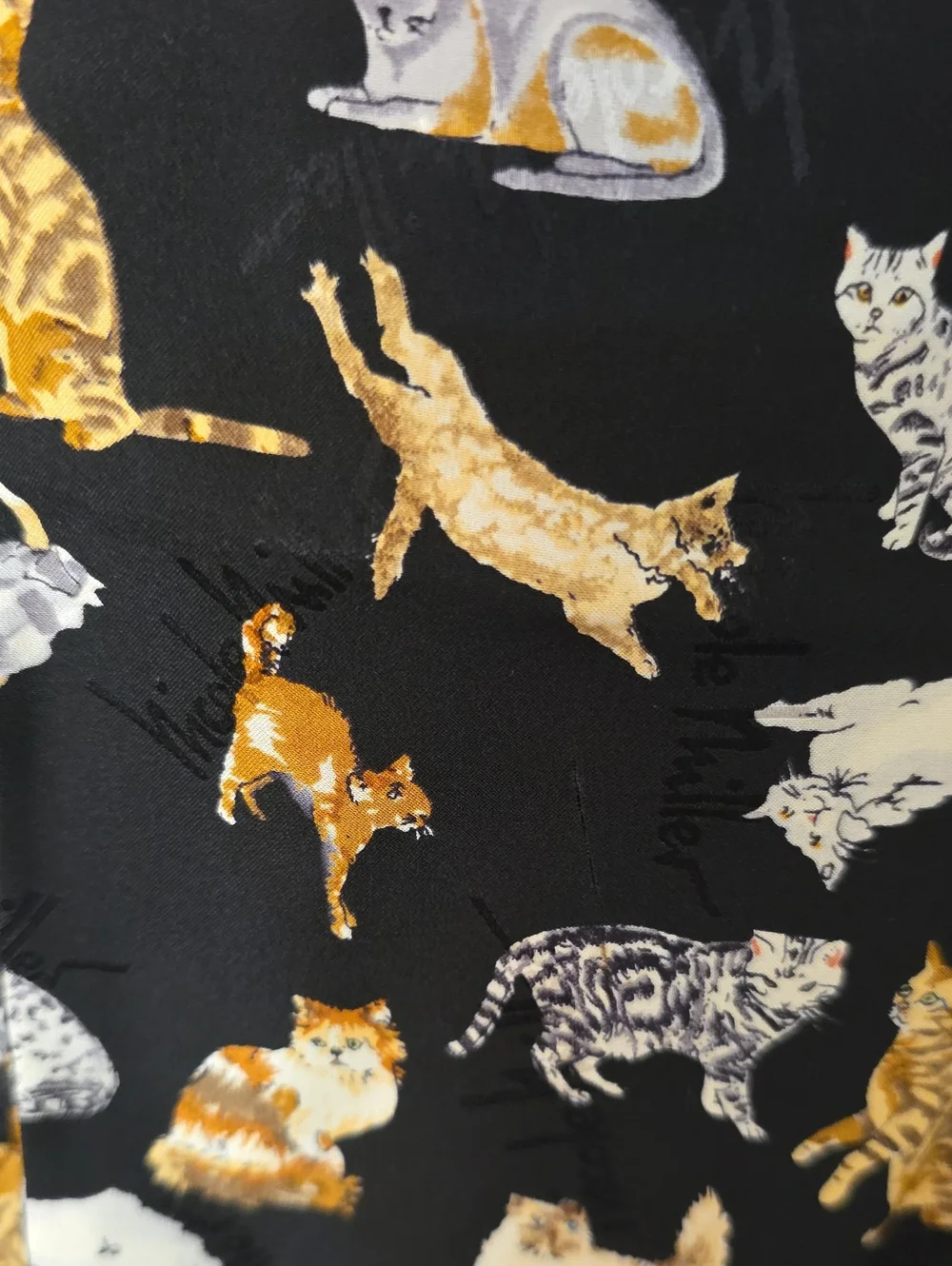 100% Silk Nicole Miller Black Scarf with Gold and Cream Cat Motif